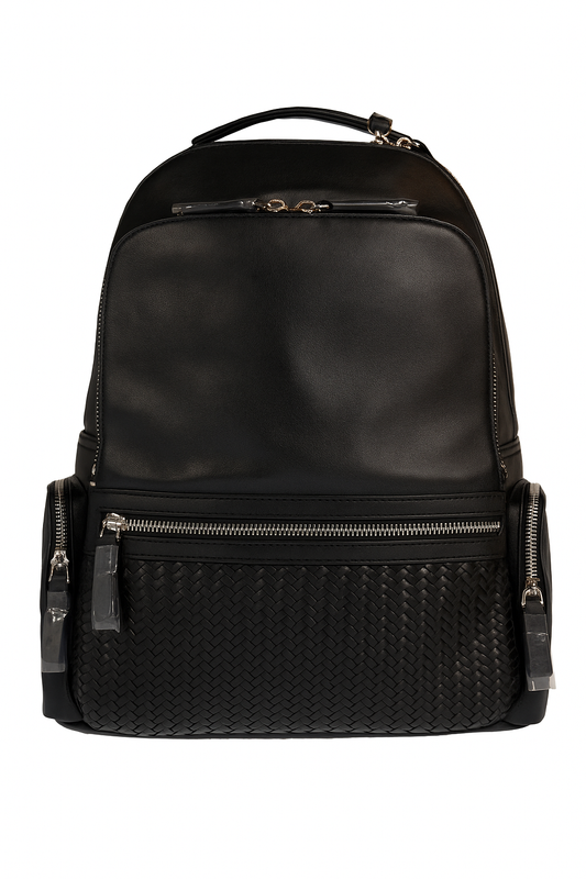 Genuine Leather Backpack Woven Design (Black)